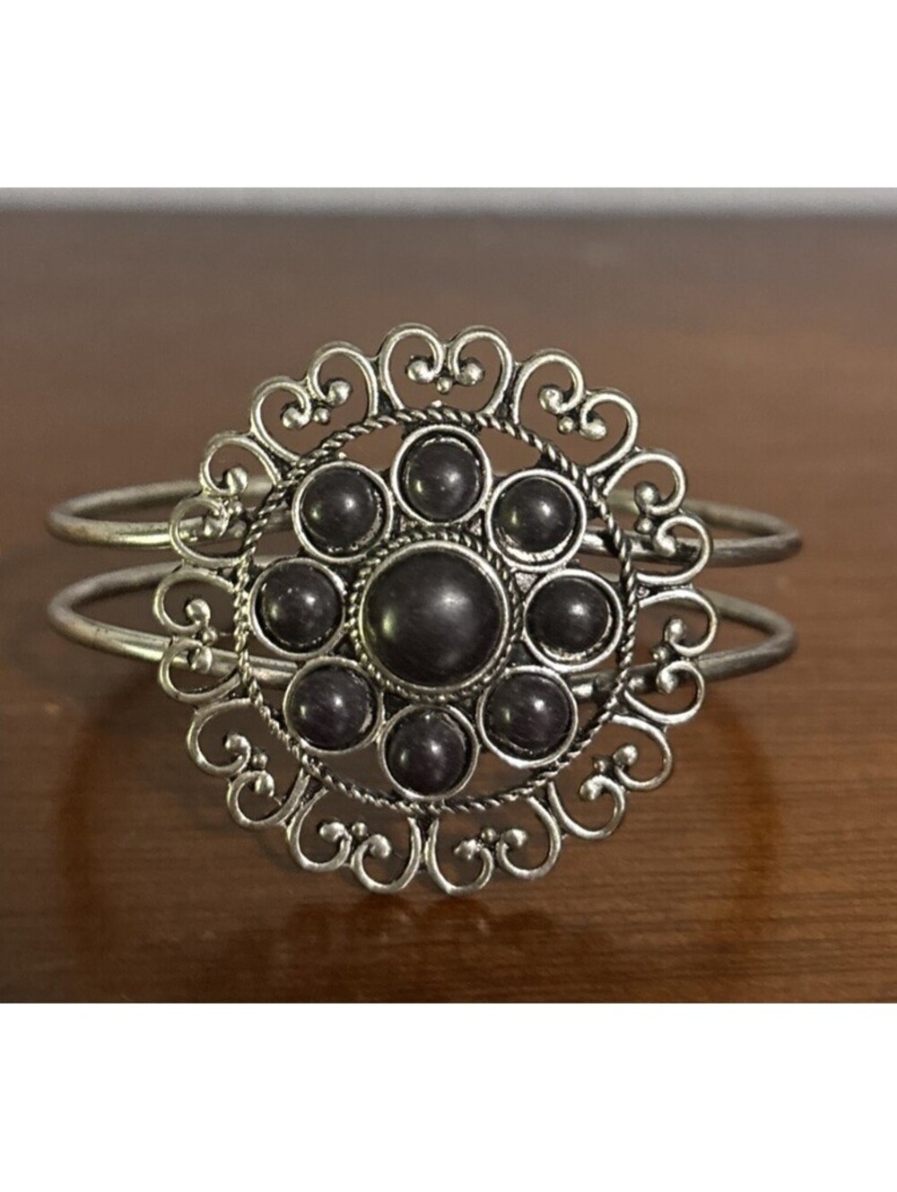 Silverado Hinged Cuff Bracelet Black Beads Emo Western Boho Goth EUC
